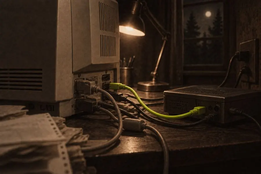 Cables behind the computer, one of them green