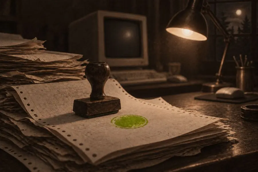 A rubber stamp and a green stamp mark on printouts